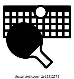Stretched net with racket and ball solid icon, tennis game concept. Vector graphics. Racket net ball sign on white background, glyph style mobile or design