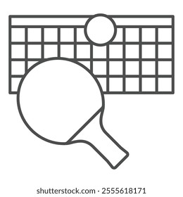 Stretched net with racket and ball thin line icon, tennis game concept. Vector graphics. Racket net ball sign on white background, outline style icon for mobile or web design