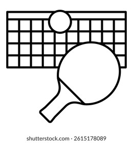 Stretched net with racket and ball thin line icon, tennis game concept. Vector graphics. Racket net ball sign on white background, linear style for mobile or design