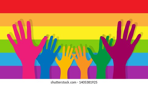 Stretched up the palms of the hands on the background of horizontal stripes in the colours of the LGBT