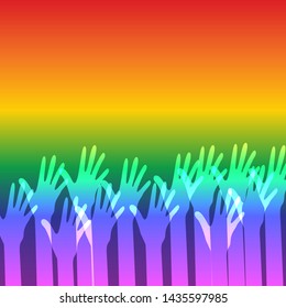 Stretched up the palms of the hands on the background of horizontal stripes in the colours of the LGBT. Card Colored LGBT Pride for Lesbian Gay Bisexual and Transgender Design Element