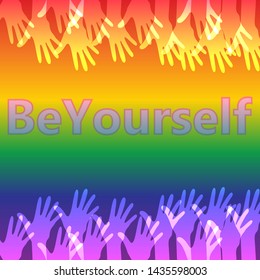 Stretched up the palms of the hands on the background of horizontal stripes in the colours of the LGBT. Card Colored LGBT Pride for Lesbian Gay Bisexual and Transgender Design Element
