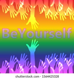 Stretched palms stretch toward each other against the background of horizontal stripes in LGBT colors. LGBT Color Pride Card for Gay and Transgender Lesbian Design Element