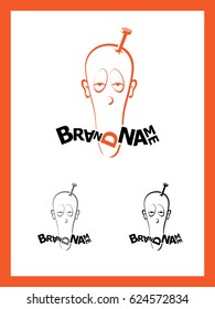 Stretched sad schematic face with nail in head on white background