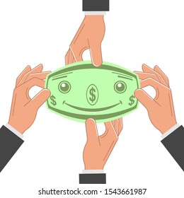 Stretched smiling dollar. Extended budget. Economic growth. Business concept. Flat style banner. Vector illustration.
