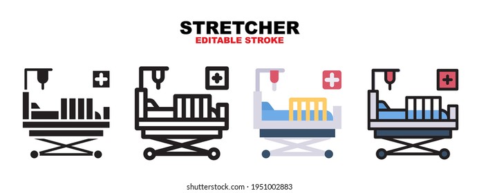 Juego de iconos de Stretcher con estilos diferentes. Iconos diseñados en color relleno, contorno, plano, glifo y línea. Actrazo editable y píxel perfecto. Se puede usar para web, móvil, ui y más.