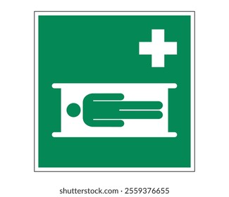 Stretcher Sign Featuring a Green Background with a White Pictogram of a Person on a Stretcher and Medical Cross, Available as a Vector File, ISO 7010 E013