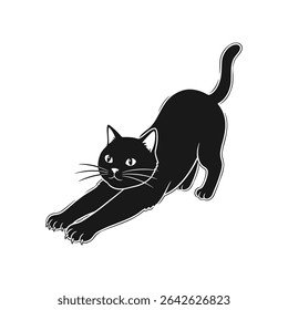 Alongamento de gato preto com garras estendidas e cauda alerta - Ilustração de vetor