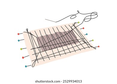 Alongar tela para enquadramento. Serigrafia artesanal sobre tela. Fases de preparação de bordados na oficina. Artesanato. Ilustração vetor plana de artesanato feito à mão