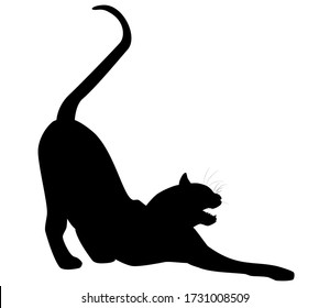 Stretching cat black silhouette with long tail isolated on white background. Kitty elegant dark shadow outline icon, vector design eps 10