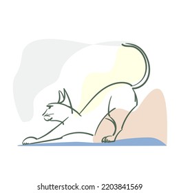 Stretching cat. Drawing with a line on a colored abstract background.