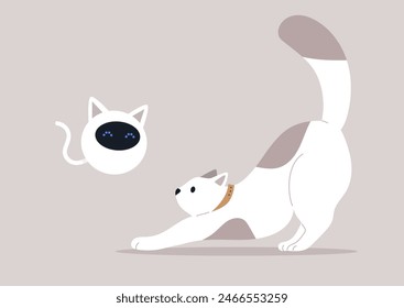 A stretching cat intrigued by a robotic feline