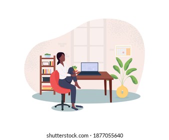 Stretching in chair at workplace 2D vector web banner, poster. African american female employee flat characters on cartoon background. Workout at workplace printable patch, colorful web element