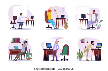 Stretching characters. Business people making sport or yoga simple exercises on work exact vector stretching people