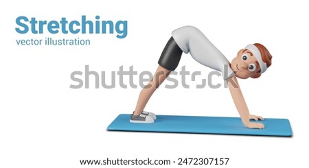 Stretching concept. Male character is standing, resting on his hands and feet