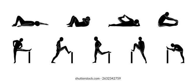 Stretching Exercise Icon Set to stretch arms, legs, back and neck.