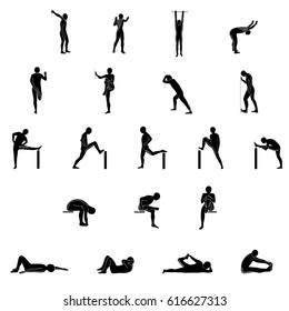 Stretching Exercise Icon Set to stretch arms, legs, back and neck. Vector silhouette. White background.