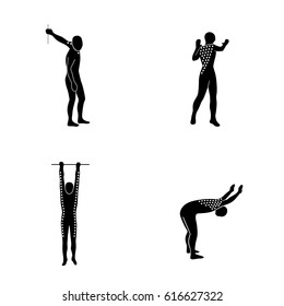 Stretching Exercise Icon Set to stretch arms, back and neck. Vector silhouette. White background.