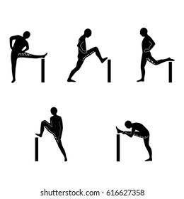 Stretching Exercise Icon Set to stretch legs and back. Vector silhouette. White background.