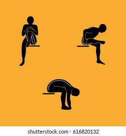 Stretching Exercise Icon Set to stretch legs, back and neck seated. Vector silhouette. Orange background.
