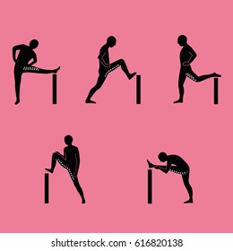Stretching Exercise Icon Set to stretch legs and back. Vector silhouette. Pink background.