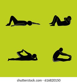 Stretching Exercise Icon Set to stretch arms, legs, back and neck on the floor. Vector silhouette. Green background.