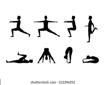 Stretching Exercise Set with Silhouette Man. Sports and Fitness for Health. Vector illustration