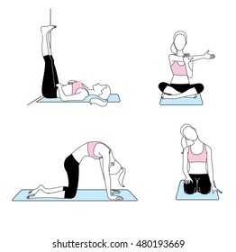 Stretching exercises. Arm, leg, neck, back stretching. Vector illustration