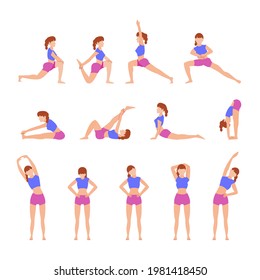 Stretching exercises. The girl does gymnastics. Vector set of girls in different gymnastic poses in a flat cartoon style is isolated on a white background. Physical education at home