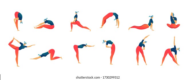 Stretching exercises people set of isolated vector illustration, man and woman on chair workout and fitness. People doing chair yoga exercises working pose, healthy body lifestyle.