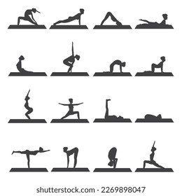 Stretching Übungen mit Silhouette Man. Sport und Fitness für Gesundheit. 2D Vorlage Vektorgrafik. 