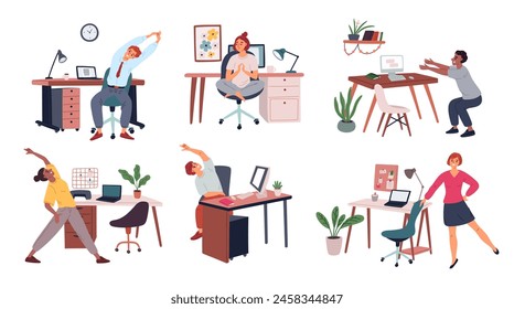 Stretching and exercises in workplace. People sport workout. Office syndrome. Fitness for employees. Freelancers athletic training. Healthy care. Meditation at desk