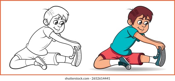 Stretching exercises: A young boy doing stretching exercises, color illustration and black and white line art.