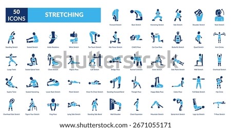 stretching fill icon set. stretching, flexibility, warmup, exercise, yoga, pilates, body movement