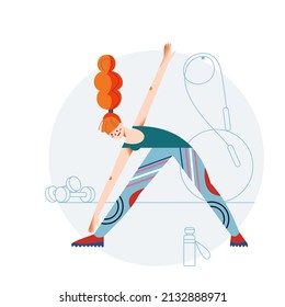 Stretching gymnastic exercise or yoga pose of woman vector illustration. Cartoon young girl training body in sport gym, standing in healthy posture for side tilt. Fitness, wellness, lifestyle concept