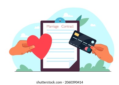 Stretching hands with heart and credit card on marriage contract background. Couple signing marriage contract flat vector illustration. Property division concept for website design or landing web page