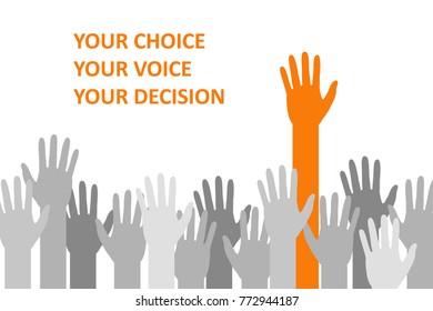 Stretching hands over white background. Concept of choice, voting, joint decision making. Hands up. Vector illustration.