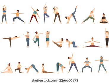 Stretching icons set cartoon vector. Yoga pilates. Woman flexible