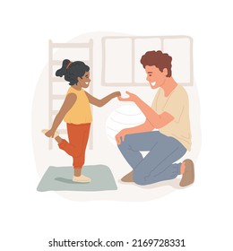 Stretching isolated cartoon vector illustration. Child doing simple stretching, yoga lesson for kids, physical exercise, motor activity, autism daycare center, rehabilitation vector cartoon.