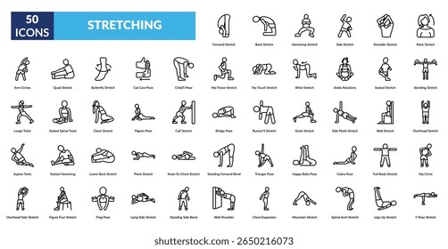 stretching line icon set. stretching, flexibility, warmup, exercise, yoga, pilates, body movement