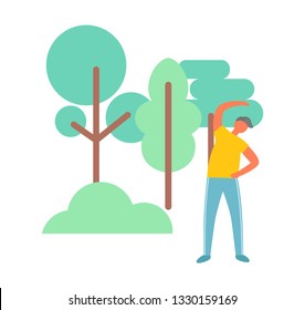 Stretching man near trees, portrait full length view of standing human in city park. Guy in sportwear, yoga or stretching, activity outdoor vector
