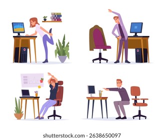 Stretching people. Tired office managers making stretch special exercises on workplaces exact vector templates business illustrations