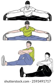 Stretching and Resting: Illustrations of a man performing a wide leg stretch and resting in various poses, perfect for fitness, yoga, or wellness related content.