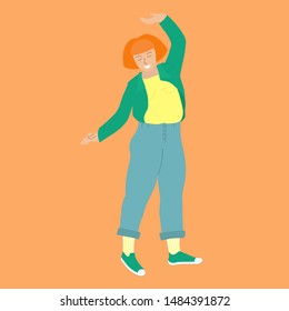 Stretching and smiling girl with short ginger hair dressed in trendy clothes. Vector illustration of a happy young lady in flat cartoon style.