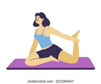 Stretching and strengthening muscles on legs, isolated female characters on yoga practice doing asanas and poses. Girl sitting on soft mat wearing sportswear. Vector in flat style illustration