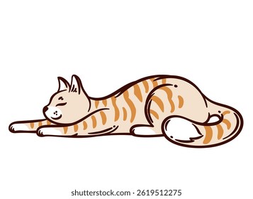 Stretching tabby cat with beige fur and orange stripes, lying and reaching forward with closed eyes. Cute cartoon doodle style. Playful animal for kids design, cards, or stickers. Vector illustration.