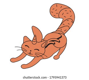 Stretching unicorn cat illustration on white background. Cute kitten with wings and horn. Black outline. Coloring book picture.