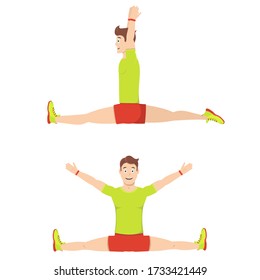 Stretching while sitting. A young handsome guy sits in longitudinal and transverse splits. Leg stretching exercises. Vector illustration for web sites, prints and mobile apps.