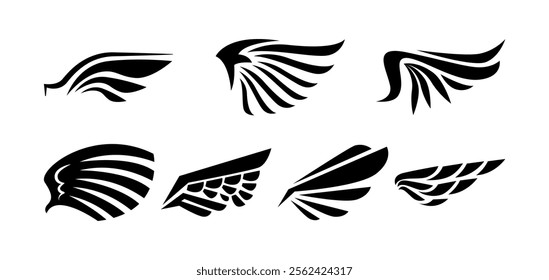 Stretching wings of animal, crow bird or fantasy creature. Vector isolated collection badges or logos costume element or game character asset. Feathered part for uniform or clothes of personage