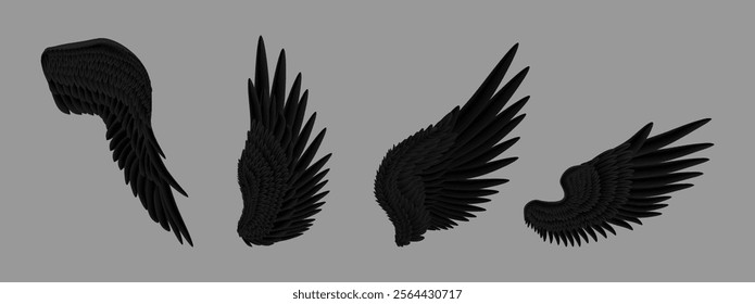 Stretching wings of animal, crow bird or fantasy creature. Vector isolated costume element or game character asset. Devil or demon in flight, feathered part for uniform or clothes of personage